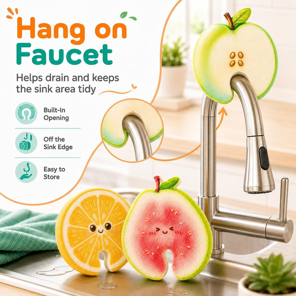 Fruit shaped kitchen sponge hanging from faucet to dry