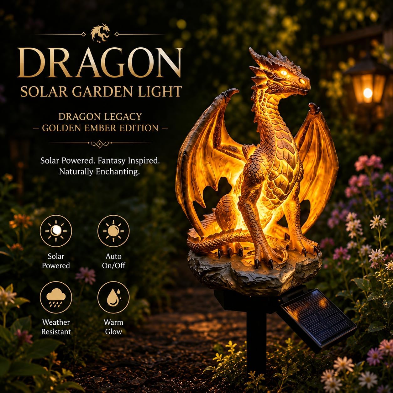Solar Dragon Garden Statue Light, Resin Figurine Outdoor Path Lamp 🐉