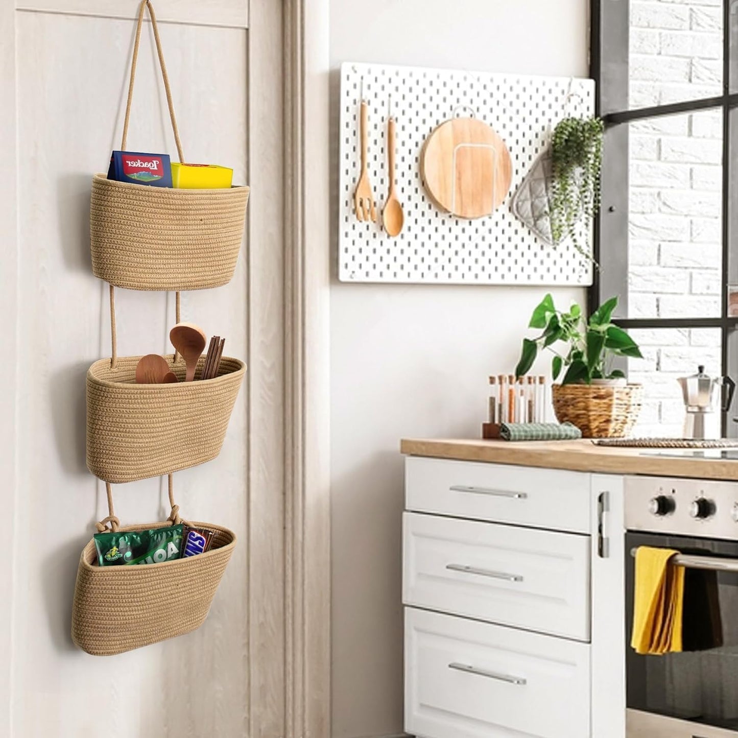 Woven cotton 3-Tier Over the Door Basket, Wall-Mounted Jute Bathroom Storage Organizer 🧺