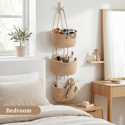 Woven cotton 3-Tier Over the Door Basket, Wall-Mounted Jute Bathroom Storage Organizer 🧺