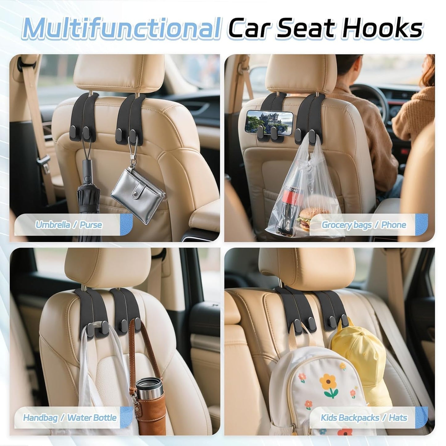 4 Counts Car Seat Headrest Hook, Improved Car Seat Back Double Hooks 🚗