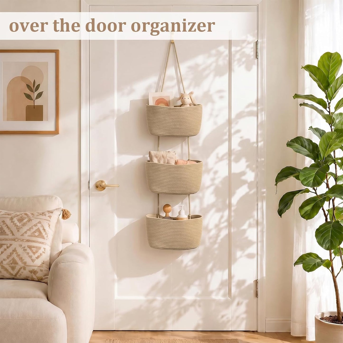 Woven cotton 3-Tier Over the Door Basket, Wall-Mounted Jute Bathroom Storage Organizer 🧺