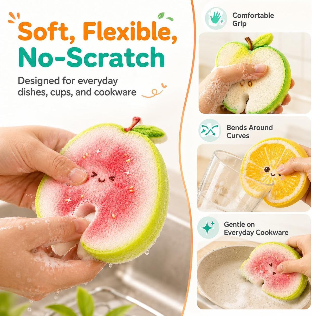Soft flexible fruit shaped cellulose kitchen sponge
