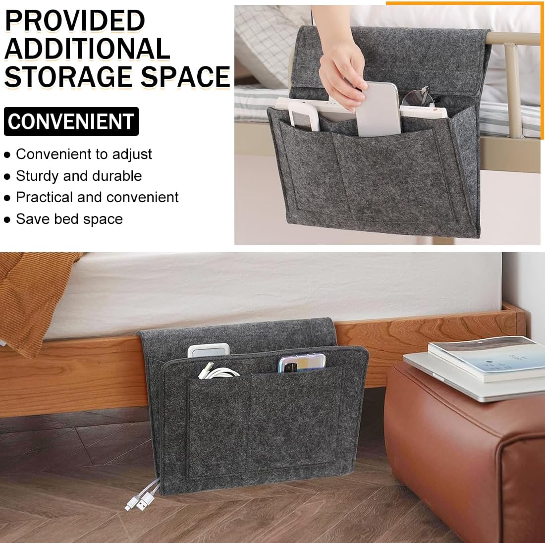 Bedside Caddy, 5 Pockets Felt Bedside Storage Organizer, Hanging Storage Organizer🛏️