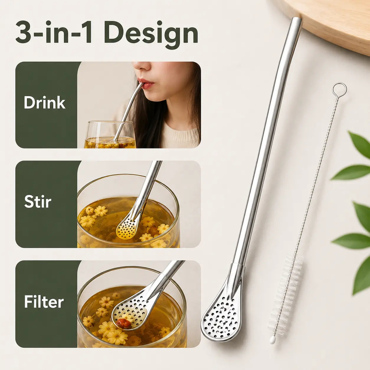 3‑Count Stainless Steel Straw‑Spoon, Multifunctional Filtered Strainer Scoop 🍹
