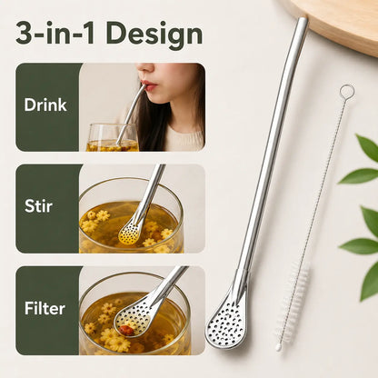 3‑Count Stainless Steel Straw‑Spoon, Multifunctional Filtered Strainer Scoop 🍹
