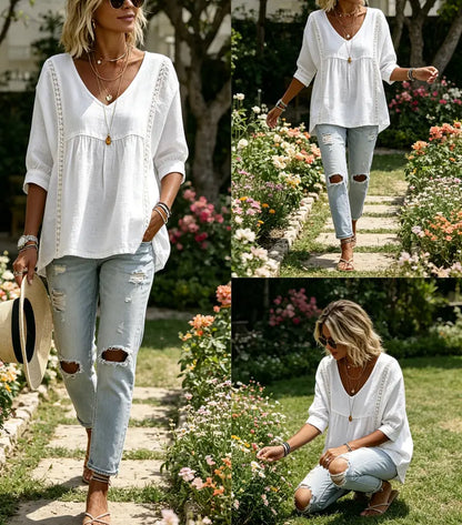 Women's Chic Loose-Fit V-Neck Lace Blouse, 3/4-Length Puff Sleeves, Side Lace Cut-Out Details👚