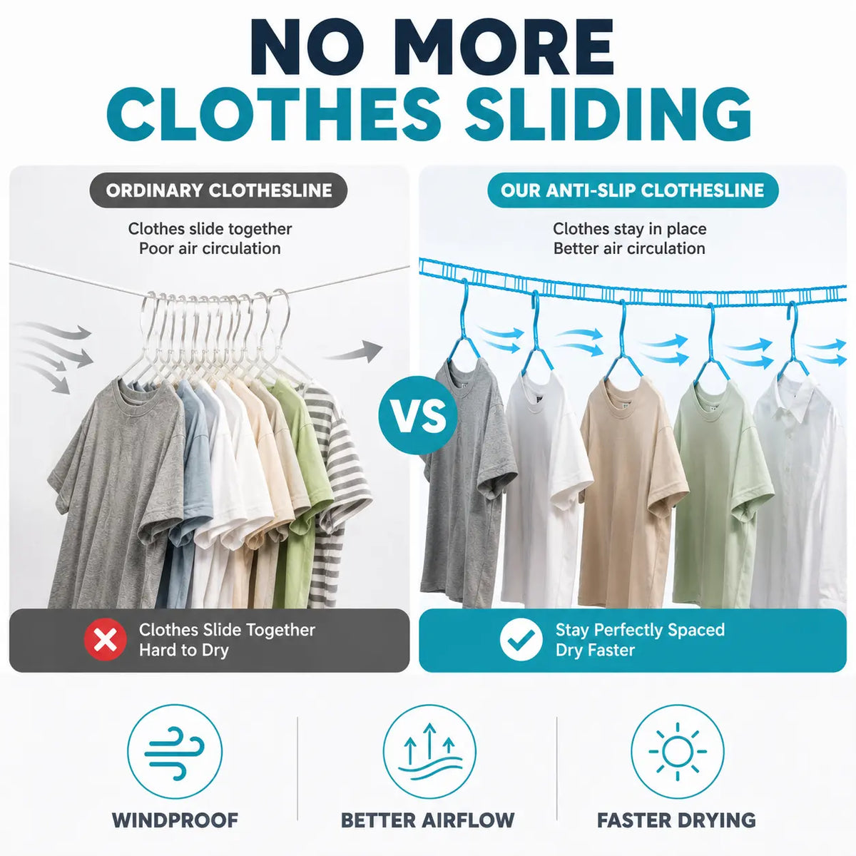 3 Roll Portable Clothesline – 196.85 Inch Adjustable Laundry Line, Windproof & Non-Slip⛺