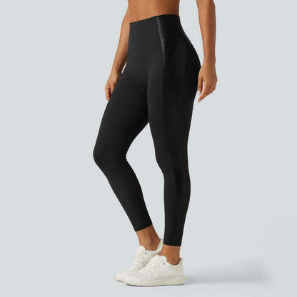 High Waisted Stretchy PU Tummy Control Yoga Leggings with Pocket 🧘