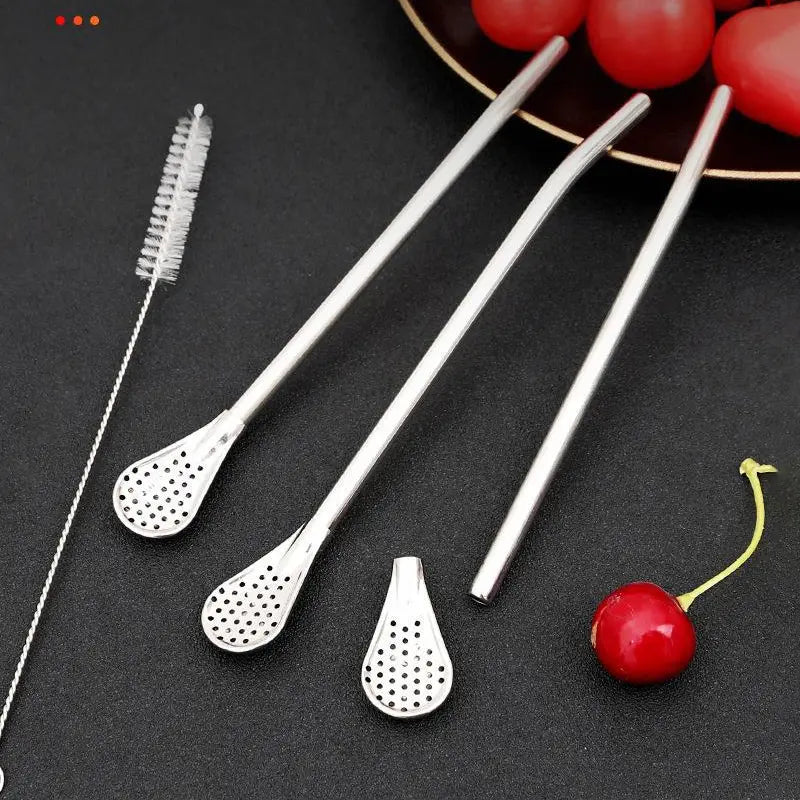 3‑Count Stainless Steel Straw‑Spoon, Multifunctional Filtered Strainer Scoop 🍹