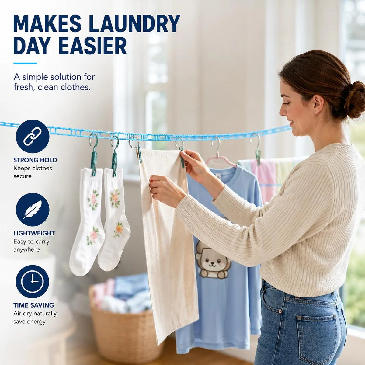 3 Roll Portable Clothesline – 196.85 Inch Adjustable Laundry Line, Windproof & Non-Slip⛺