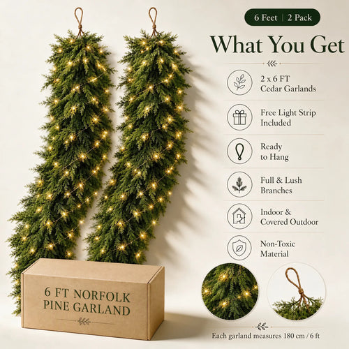 6 FT 2 Pcs Artificial Cedar Garlands, Real Touch Winter Cedar Garland🌲