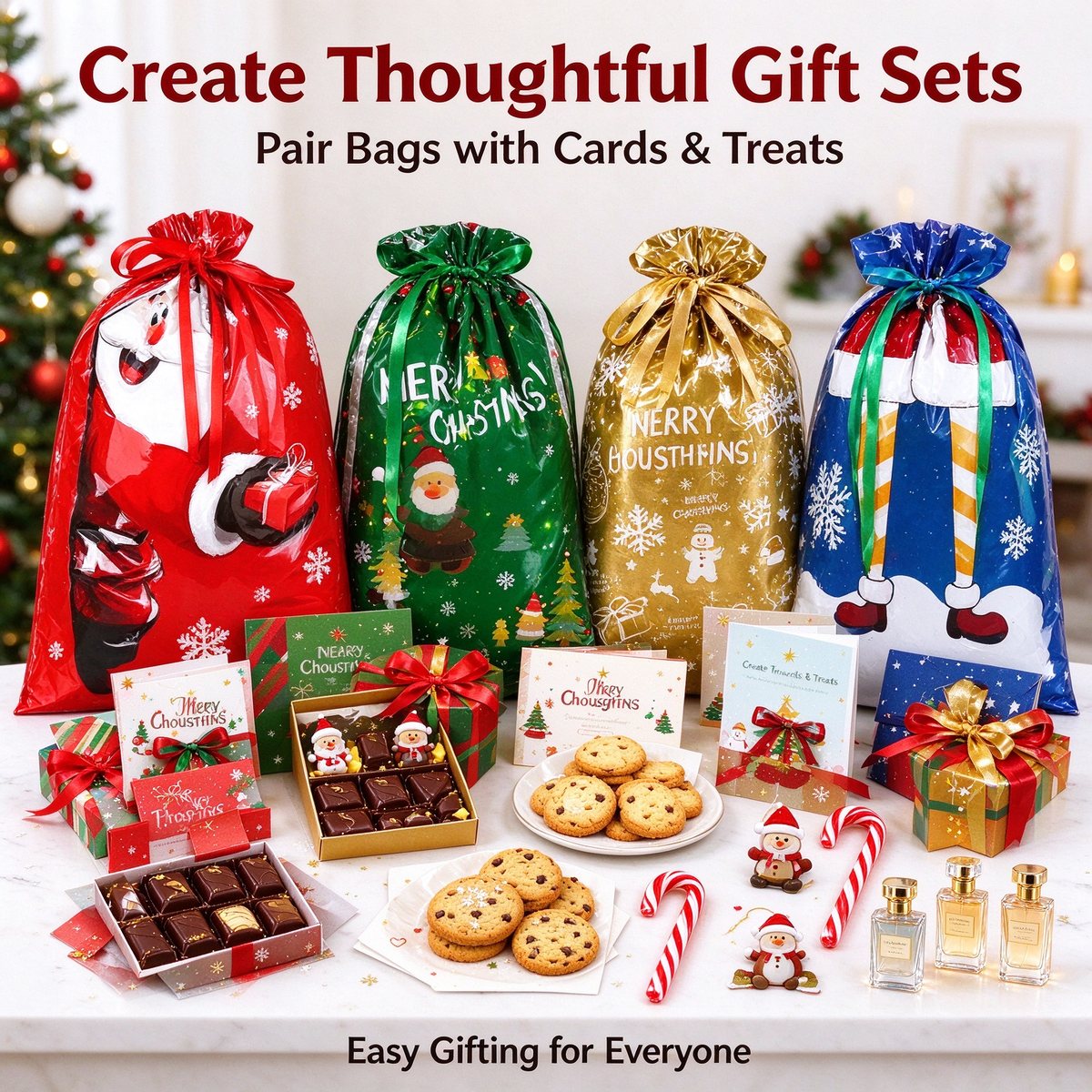 Colorful Christmas gift sacks with Santa, snowman and holiday patterns