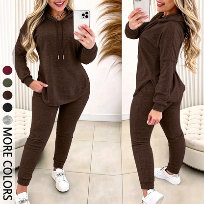 Women's Solid Basic 2-Piece Outfit, Drawstring Hooded Long Sleeve Top & Slim Fit Casual Pants 🧶