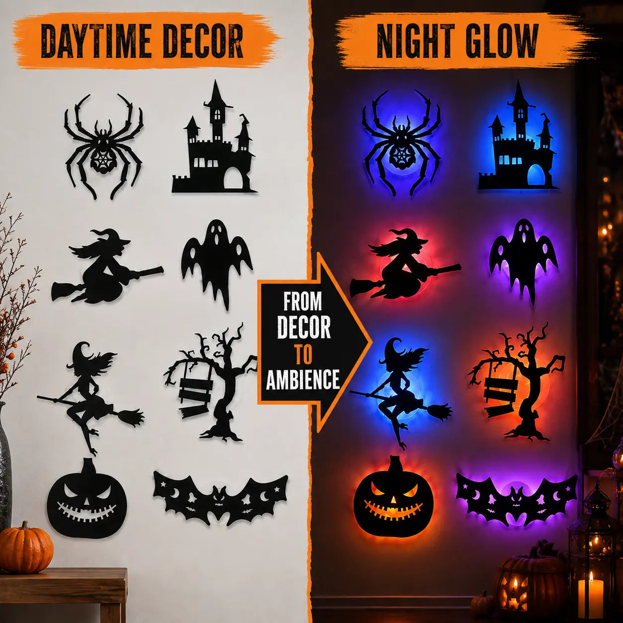 Halloween LED Silhouette Wall Light Stickers, Battery Powered Peel & Stick Decor Lights🎃