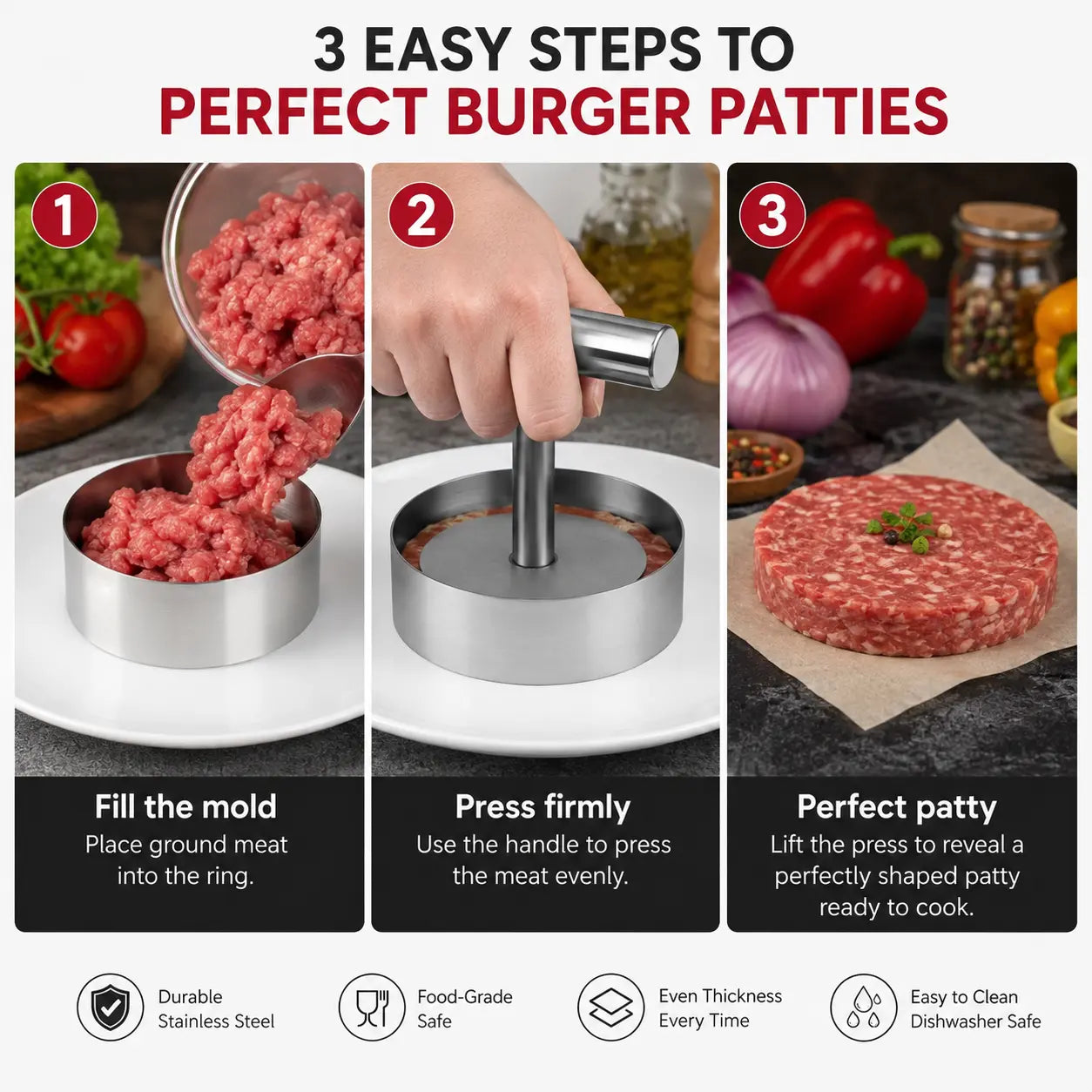 Stainless Steel Burger Press - Nonstick Burger Patty Maker Mold 🍔