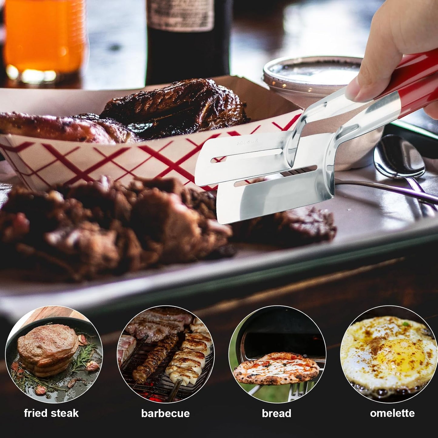 Stainless Steel Grill Clamp Spatula, Anti‑Scald Extended Handle Spatula Tongs 🍳