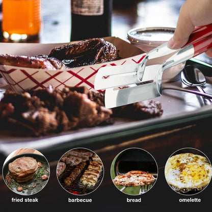 Stainless Steel Grill Clamp Spatula, Anti‑Scald Extended Handle Spatula Tongs 🍳