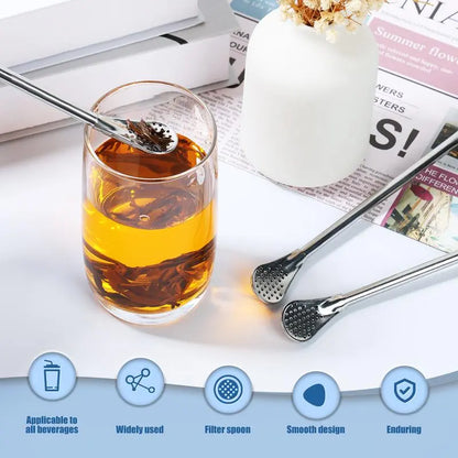 3‑Count Stainless Steel Straw‑Spoon, Multifunctional Filtered Strainer Scoop 🍹