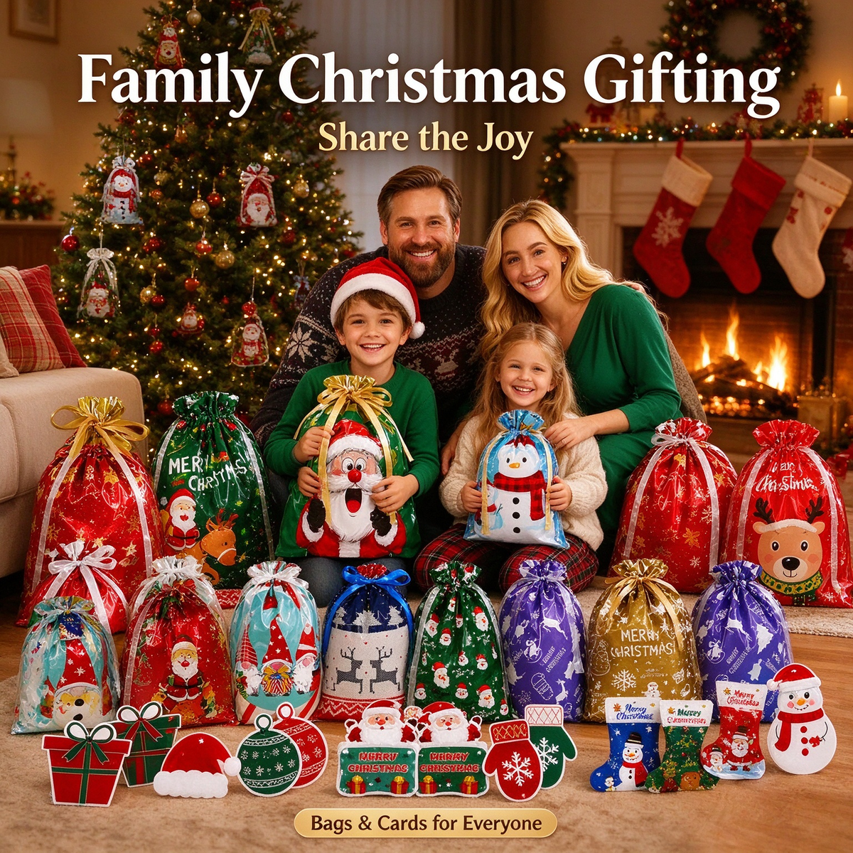 Family sharing Christmas gifts with festive drawstring gift bags