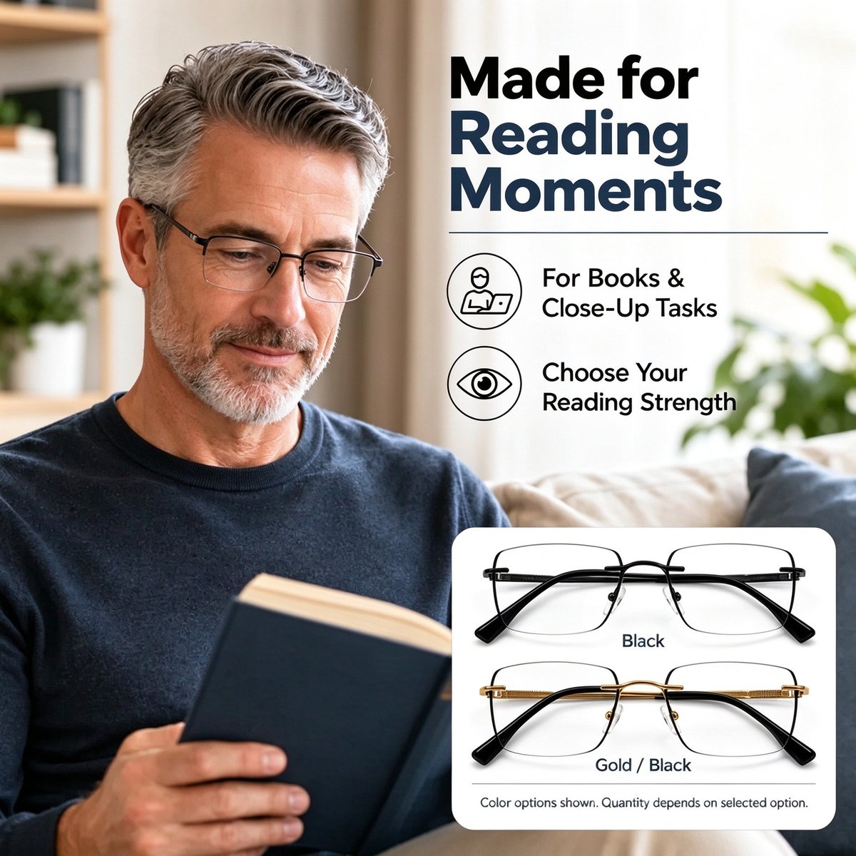 Man wearing progressive reading glasses while reading a book