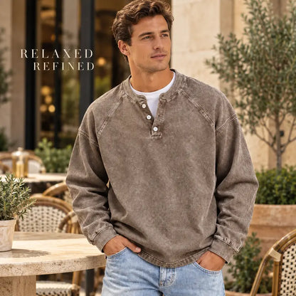 Men's Vintage Washed 3-Button Henley Long Sleeve Plain Pullover 🧥