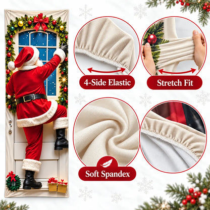 Christmas Door Cover Stretch Fit Santa & Reindeer Door Decoration with 4-Side Elastic Edges 🎅