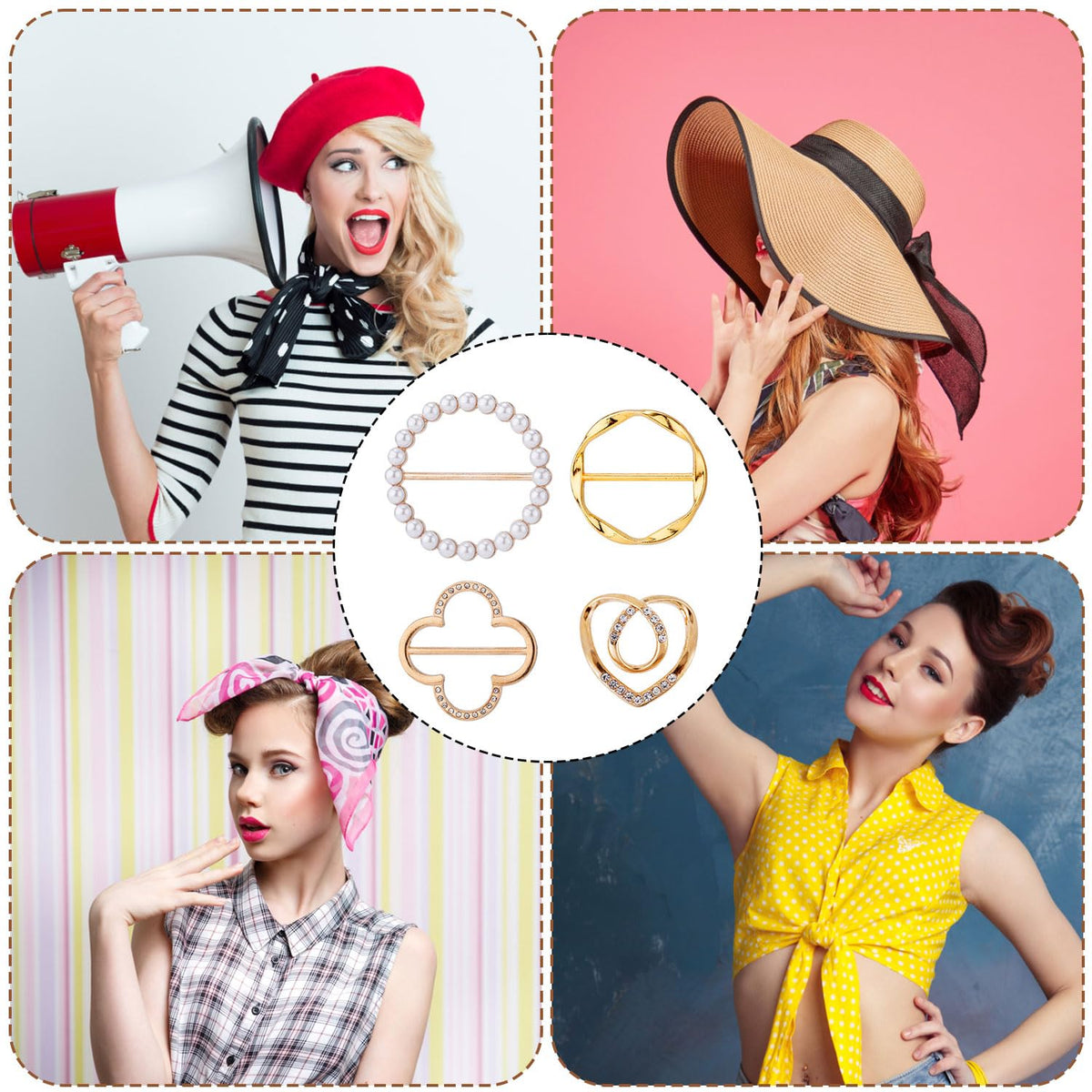 4 Counts Women's Fashion Metal Shirt Clips, Shape-Including Round and Heart Designs 🧷