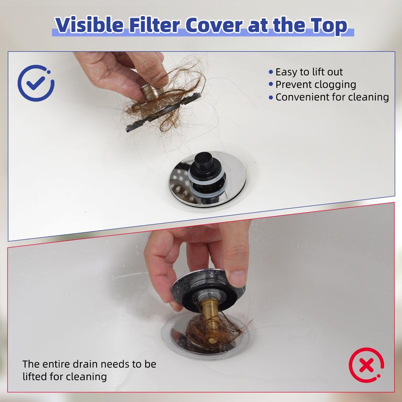 Hibbent 3-in-1 Pop-up Sink Stopper - 1 Pack Chrome, Visible Top Hair Catcher🚿