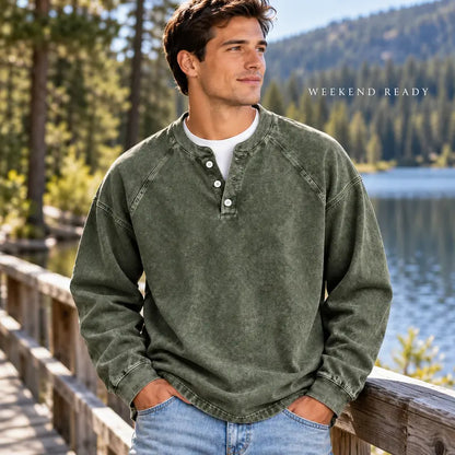 Men's Vintage Washed 3-Button Henley Long Sleeve Plain Pullover 🧥