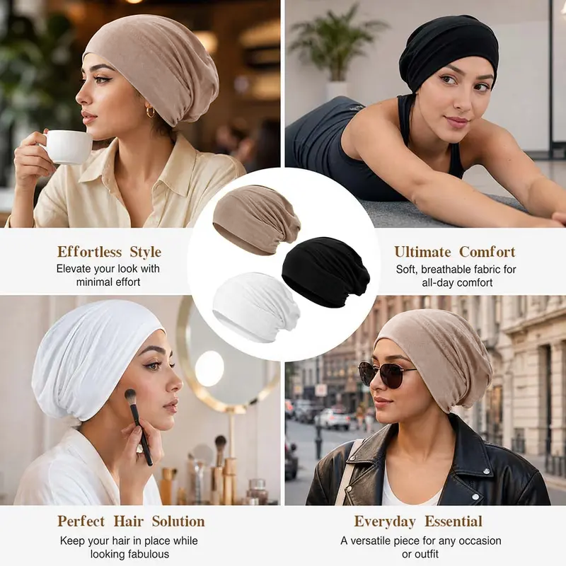 Humwam 3-Pack Women's Solid Jersey Hijab Flat Top Cap 🧕