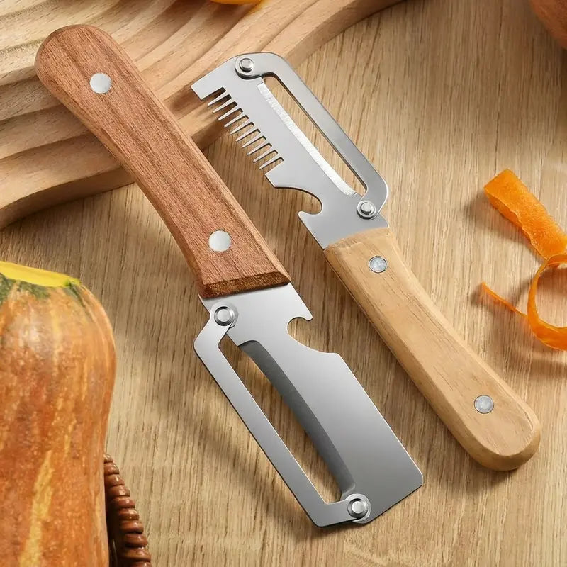 Ultra-sharp stainless steel peeler with wooden handle and bottle opener (2-piece set)
