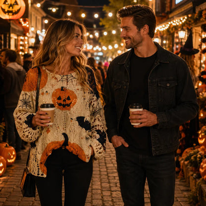 Women's Long-Sleeve Style Knitwear Piece, Halloween Pumpkin-Bat Print Casual Fall Pullover🎃