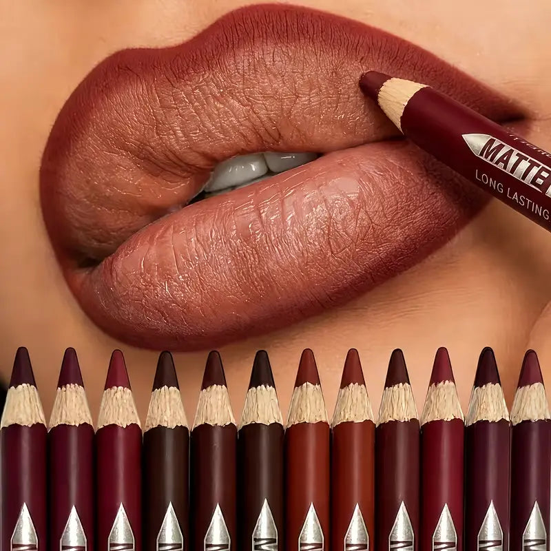 12Pcs Matte Lip Liner With Sharpener Set Waterproof Smudgeproof Precise Contour Lipstick Pens 🖌️
