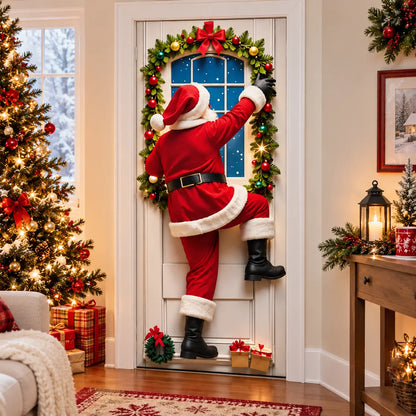 Christmas Door Cover Stretch Fit Santa & Reindeer Door Decoration with 4-Side Elastic Edges 🎅