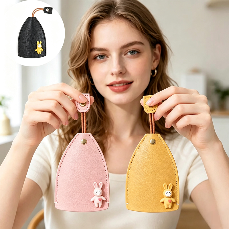 [Set of 3 - Orange, Pink & Black] Cute Cartoon Pull-out Key Case, Portable Leather Car Key Holder🔑