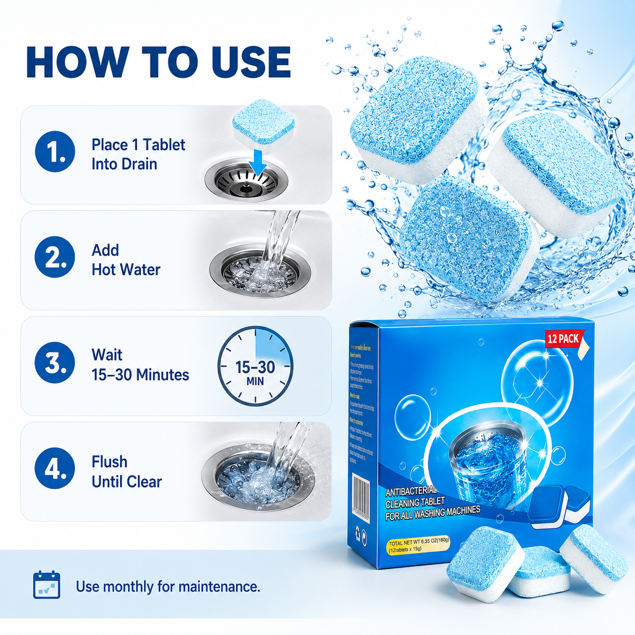 🧽Drain Cleaning Tablets 12 Pack For Sinks, Showers & Washing Machines