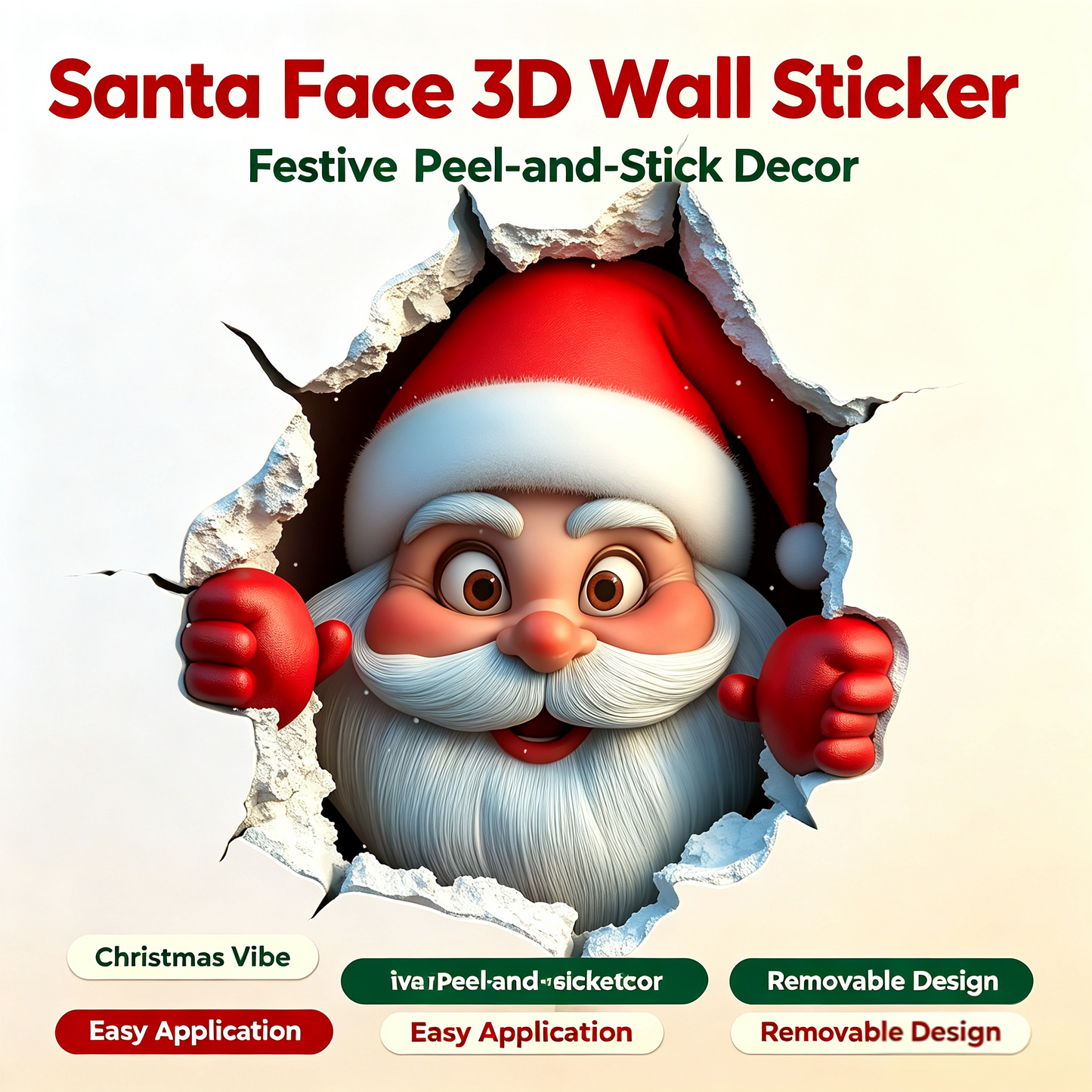 3PCS Festive Decor Santa Face Vinyl Stickers - Smooth 3D Illusion Figure Shape Peel-Off Pack 🎅