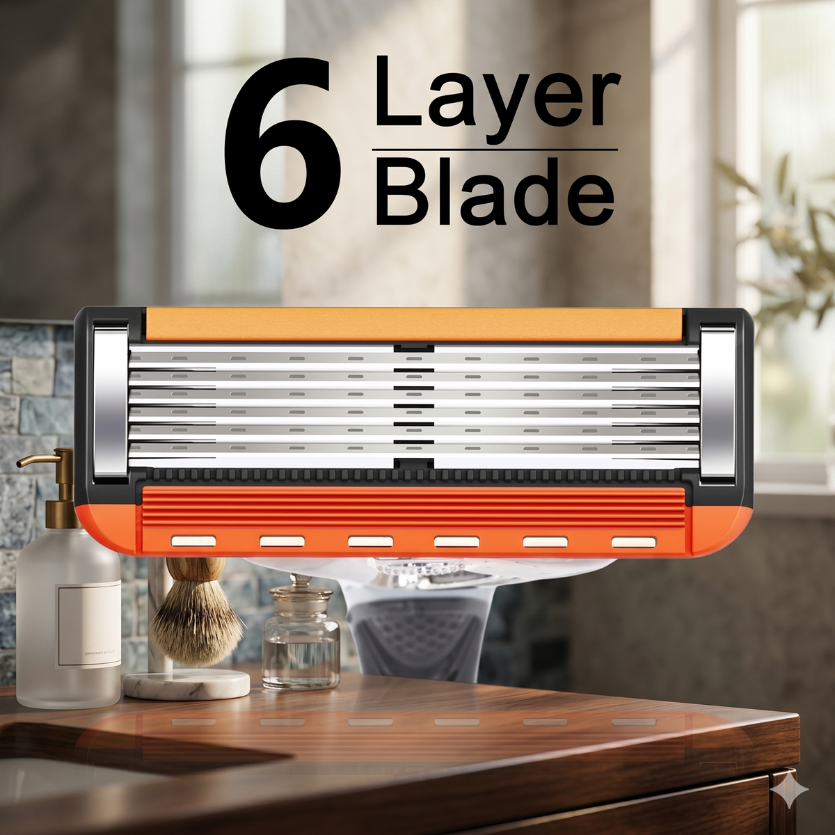 Six layer razor cartridge close up
