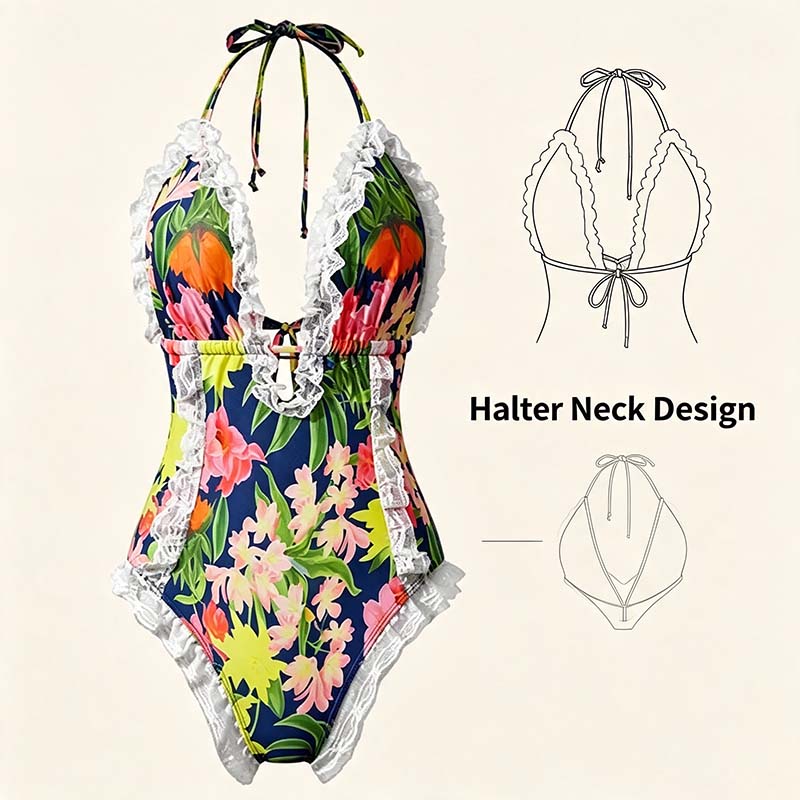 Women's One Piece Halter V-neck Printing Lace Adjustable Back Straps Sexy Swimsuit 👙