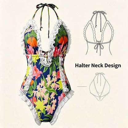 Women's One Piece Halter V-neck Printing Lace Adjustable Back Straps Sexy Swimsuit 👙