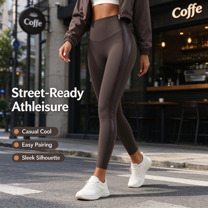 High Waisted Stretchy PU Tummy Control Yoga Leggings with Pocket 🧘