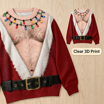 Funny Hairy Chest Santa Lights Ugly Christmas Sweater🎅