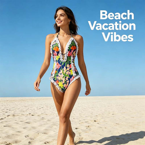 Women's One Piece Halter V-neck Printing Lace Adjustable Back Straps Sexy Swimsuit 👙