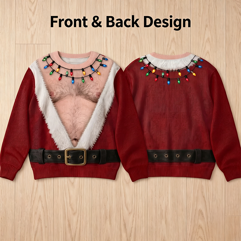 Funny Hairy Chest Santa Lights Ugly Christmas Sweater🎅