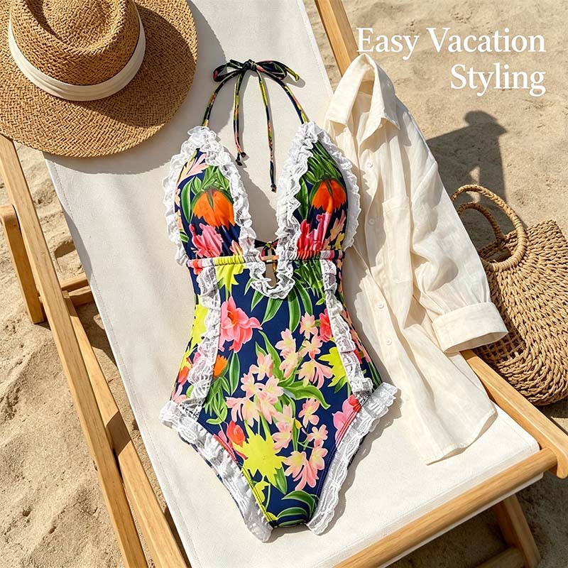 Women's One Piece Halter V-neck Printing Lace Adjustable Back Straps Sexy Swimsuit 👙