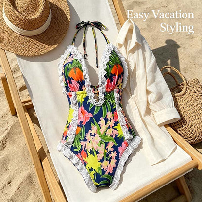 Women's One Piece Halter V-neck Printing Lace Adjustable Back Straps Sexy Swimsuit 👙
