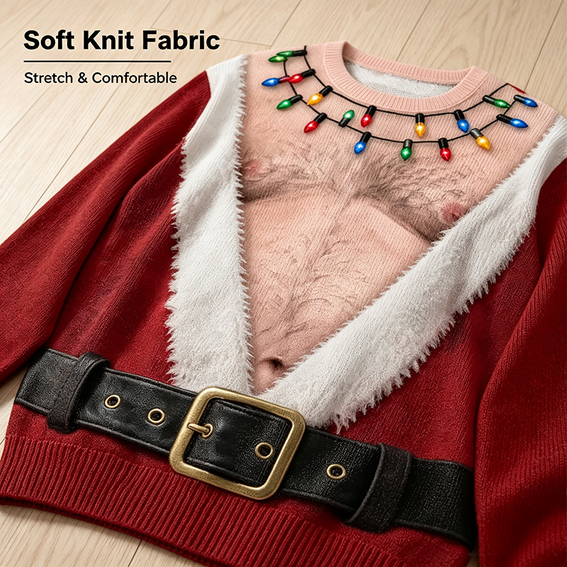 Funny Hairy Chest Santa Lights Ugly Christmas Sweater🎅