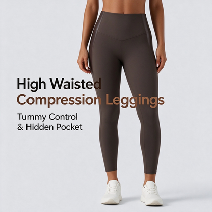High Waisted Stretchy PU Tummy Control Yoga Leggings with Pocket 🧘