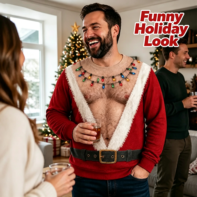 Funny Hairy Chest Santa Lights Ugly Christmas Sweater🎅